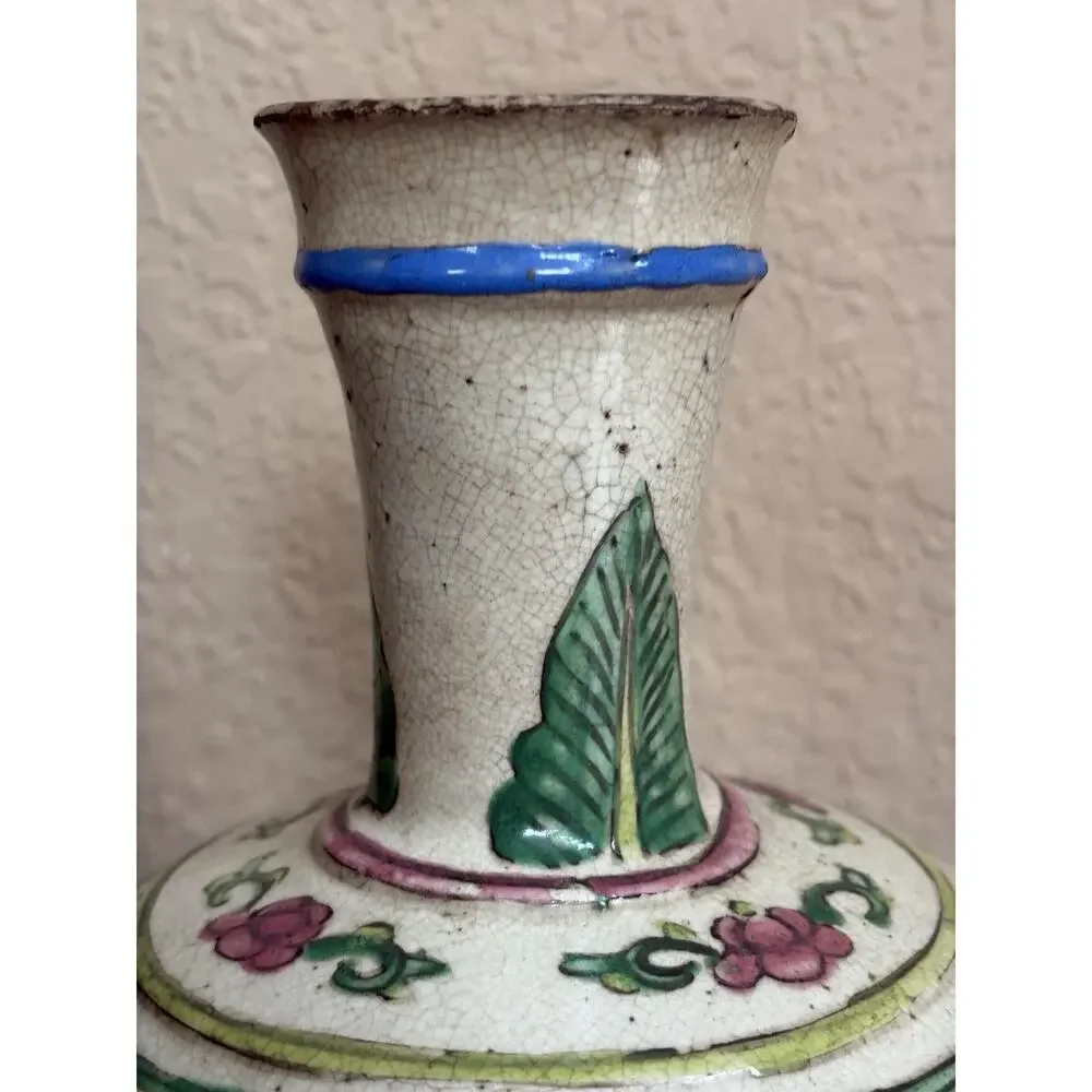 Chinese Phoenix Bottle Vase Crackle Glaze Famille Rose Style Floral Vtg Decor